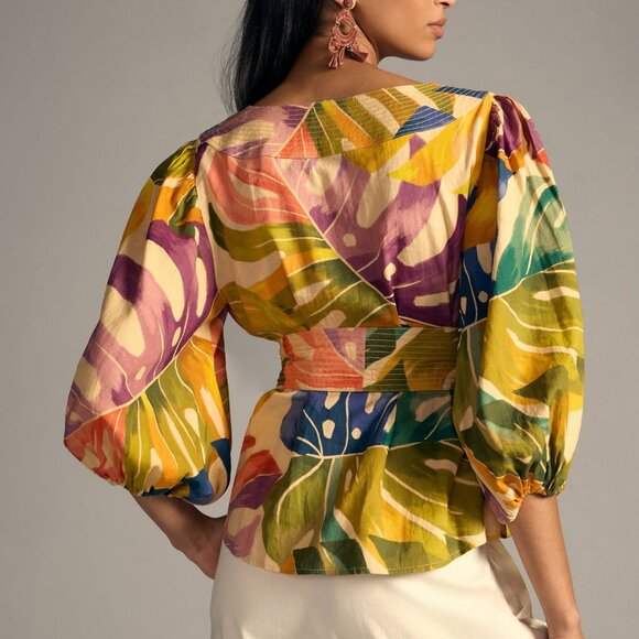 Farm Rio x Anthropologie Colorful Belted Puff Statement Sleeve Wrap Blouse - Picture 4 of 12